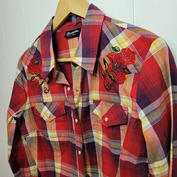 Wrangler Retro Women Size S Pearl Snap Western Shirt Cowgirl Rodeo Plaid Roses - Picture 3 of 9